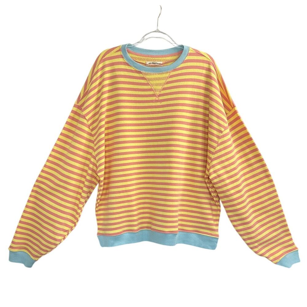 New Free People Classic Striped Oversized Crewneck In Orange Combo Women's Sz M - Picture 3 of 7